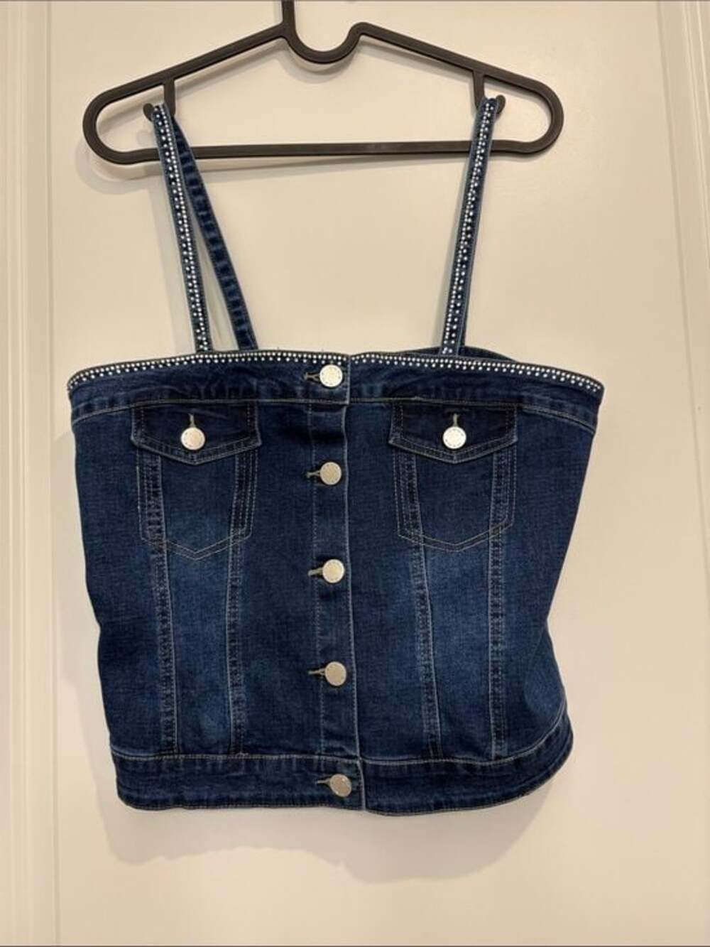 bebe Medium Dark Blue Denim Stud-Trim Button-Front Cotton and Polyester vest